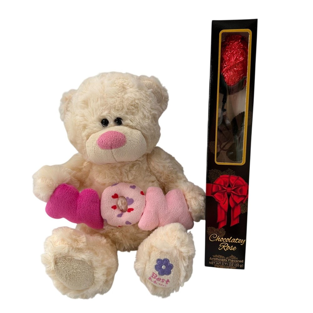 Teddy Bear Plush‎ With Chocolate Rose Gift Set Mom Mothers Day Cream 10" Sitting